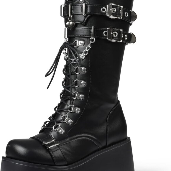 Women's Black Platform Wedge Combat Boots Chunky Heel Lace Up Mid Calf - Picture 1 of 7